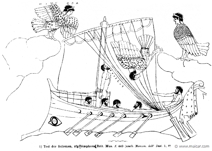 RIV-0605.jpg - RIV-0605: Death of the Sirens. Odysseus is tied to the mast.Wilhelm Heinrich Roscher (Göttingen, 1845- Dresden, 1923), Ausfürliches Lexikon der griechisches und römisches Mythologie, 1884.