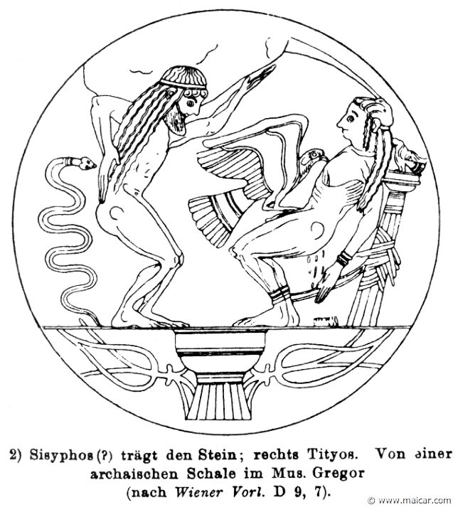 RIV-0965.jpg - RIV-0965: Sisyphus with the stone, and Tityus being punished in Hades-Wilhelm Heinrich Roscher (Göttingen, 1845- Dresden, 1923), Ausfürliches Lexikon der griechisches und römisches Mythologie, 1884.