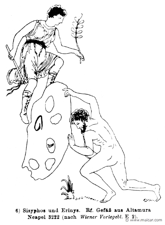 RIV-0971b.jpg - RIV-0971: Sisyphus, pushing the stone, watched by one of the Erinyes.Wilhelm Heinrich Roscher (Göttingen, 1845- Dresden, 1923), Ausfürliches Lexikon der griechisches und römisches Mythologie, 1884.