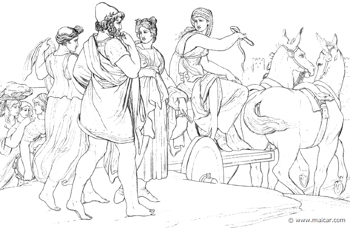 od135gen.jpg - od135gen: "Nausicaa smote the mules with the shining whip, and they quickly left the streams of the river. Well did they trot, well did they ply their ambling feet, and she drove with care that the maidens and Odysseus might follow on foot, and with judgment did she ply the lash." (Hom.Od.6.316). Bonaventura Genelli (1798 – 1868).