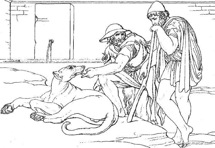 od339gen.jpg - od339gen: "A hound that lay there raised his head and pricked up his ears, Argos, the hound of Odysseus, of the steadfast heart, whom of old he had himself bred." (Hom.Od.17.290). Bonaventura Genelli (1798 – 1868).