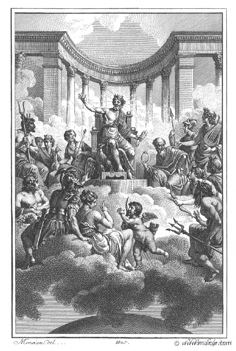 villenave01017.jpg - 01017: The Gods Assembled. "When now the clamor had subsided, checked by his royal authority, Jove once more broke the silence ..." (Ov.Met.1.205).Guillaume T. de Villenave, Les Métamorphoses  d'Ovide (Paris, Didot 1806–07). Engravings after originals by Jean-Jacques François Le Barbier (1739–1826), Nicolas André Monsiau (1754–1837), and Jean-Michel Moreau (1741–1814).