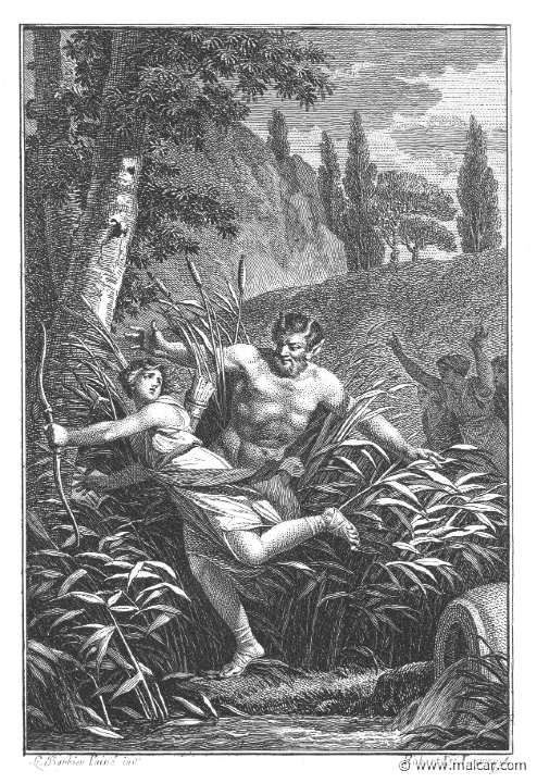 villenave01033.jpg - 01033: Pan and Syrinx. "Pan, when now he thought he had caught Syrinx, instead of her held naught but marsh reeds in his arms." (Ov.Met. 1.705).Guillaume T. de Villenave, Les Métamorphoses  d'Ovide (Paris, Didot 1806–07). Engravings after originals by Jean-Jacques François Le Barbier (1739–1826), Nicolas André Monsiau (1754–1837), and Jean-Michel Moreau (1741–1814).