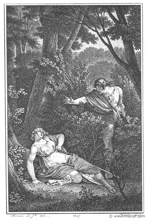 villenave01249.jpg - 01249: Cephalus and Procris. "There I found her dying, her disordered garments stained with blood ... trying to draw the very weapon she had given me from her wounded breast." (Ov. Met. 7.845).Guillaume T. de Villenave, Les Métamorphoses  d'Ovide (Paris, Didot 1806–07). Engravings after originals by Jean-Jacques François Le Barbier (1739–1826), Nicolas André Monsiau (1754–1837), and Jean-Michel Moreau (1741–1814).