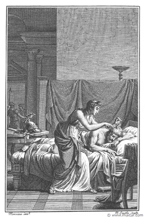 villenave01257.jpg - 01257: Scylla and Nisus. "The daughter steals silently into her father's chamber ... and despoils him of the fateful lock of hair." (Ov. Met. 8.84).Guillaume T. de Villenave, Les Métamorphoses  d'Ovide (Paris, Didot 1806–07). Engravings after originals by Jean-Jacques François Le Barbier (1739–1826), Nicolas André Monsiau (1754–1837), and Jean-Michel Moreau (1741–1814).