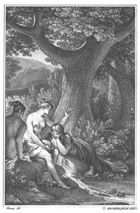 villenave02041.jpg - 02041: Byblis turns into a spring. "So Phoebean Byblis, consumed by her own tears, is changed into a fountain." (Ov. Met. 9.663).Guillaume T. de Villenave, Les Métamorphoses  d'Ovide (Paris, Didot 1806–07). Engravings after originals by Jean-Jacques François Le Barbier (1739–1826), Nicolas André Monsiau (1754–1837), and Jean-Michel Moreau (1741–1814).