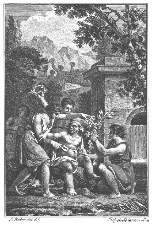 villenave02089.jpg - 02089: Silenus taken by the Phrygians. "But Silenus was not there. Him, stumbling with the weight of years and wine, the Phrygian rustics took captive." (Ov. Met. 11.90).Guillaume T. de Villenave, Les Métamorphoses  d'Ovide (Paris, Didot 1806–07). Engravings after originals by Jean-Jacques François Le Barbier (1739–1826), Nicolas André Monsiau (1754–1837), and Jean-Michel Moreau (1741–1814).