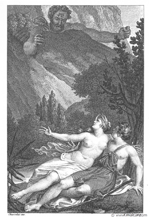 villenave02185.jpg - 02185: Galatea, Acis, and Polyphemus. "Then the fierce Cyclops spied me and Acis." (Ov. Met. 13.874).Guillaume T. de Villenave, Les Métamorphoses  d'Ovide (Paris, Didot 1806–07). Engravings after originals by Jean-Jacques François Le Barbier (1739–1826), Nicolas André Monsiau (1754–1837), and Jean-Michel Moreau (1741–1814).