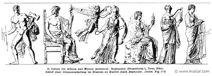 RII.2-3095.jpg - RII.2-3095: Birth of Athena. Hephaestus (or Prometheus), Zeus, Nike Athena, and the three Moerae. Wilhelm Heinrich Roscher (Göttingen, 1845- Dresden, 1923), Ausfürliches Lexikon der griechisches und römisches Mythologie, 1884.