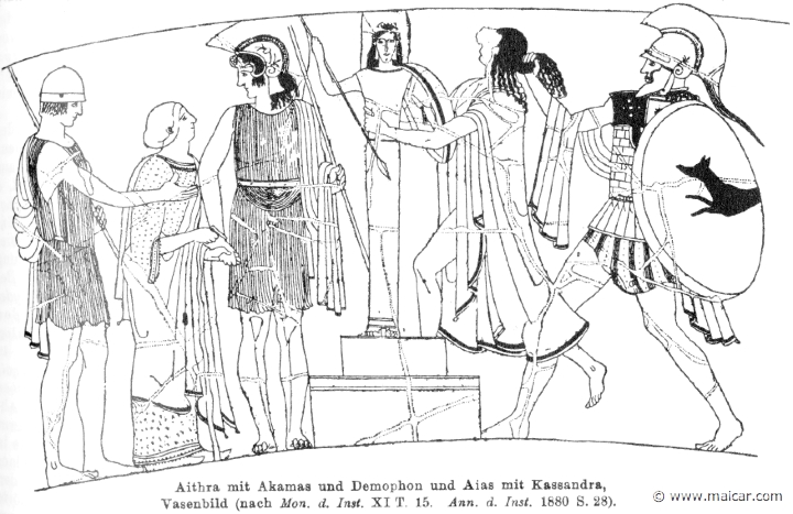 RII.1-0985.jpg - RII.1-0985: Aethra delivered by Acamas and Demophon. To the right, Ajax attacking Cassandra. Wilhelm Heinrich Roscher (Göttingen, 1845- Dresden, 1923), Ausfürliches Lexikon der griechisches und römisches Mythologie, 1884.