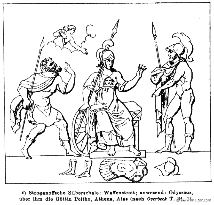 RIII.1-0662.jpg - RIII.1-0662: Dispute over the arms of Achilles. Odysseus (above him Peitho), Athena, Ajax. Wilhelm Heinrich Roscher (Göttingen, 1845- Dresden, 1923), Ausfürliches Lexikon der griechisches und römisches Mythologie, 1884.