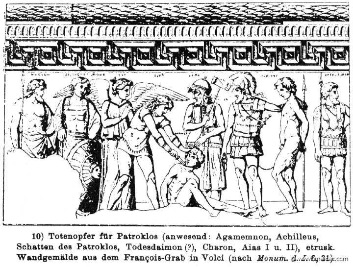 RIII.2-1707b.jpg - RIII.2-1707b: Executions for the death of Patroclus. Present: Agamemnon, Achilles, the shadow of Patroclus, the genius of Death, Charon and the Aiantes. Wilhelm Heinrich Roscher (Göttingen, 1845- Dresden, 1923), Ausfürliches Lexikon der griechisches und römisches Mythologie, 1884.