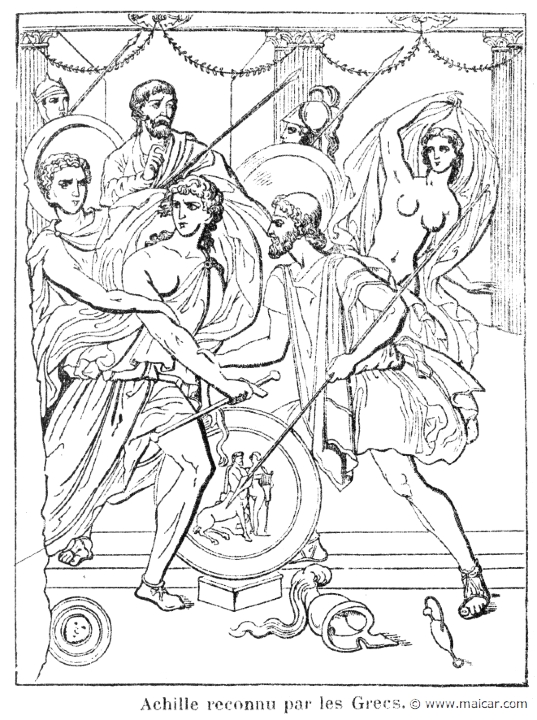 comm367.jpg - comm367: Achille reconnu par les Grecs. Info n/a. Achilles between Diomedes (left) and Odysseus. Behind them are King Lycomedes and his daughter Deidamia. P. Commelin, Mythologie Grecque et Romaine, Éditions Garnier Frères, Paris.