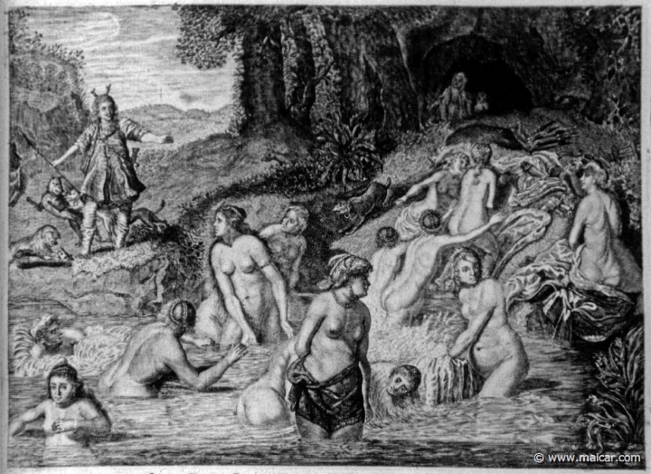 2624.jpg - 2624: Artemis and Actaeon. Les METAMORPHOSES D’OVIDE EN LATIN ET FRANÇOIS, DIVISÉES EN XV LIVRES. TRADUCTION DE Mr. PIERRE DU-RYER PARISIEN, DE L’ACADEMIE FRANÇOISE. MDCLXXVII.