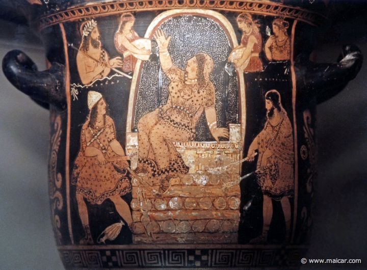 8215.jpg - 8215: Red-figured bell-krater (wine-bowl) with Alkmena seated on an altar stacked with wood. Paestum c. 330 BC. (Left: Antenor; right: Amphitryon.) British Museum, London.