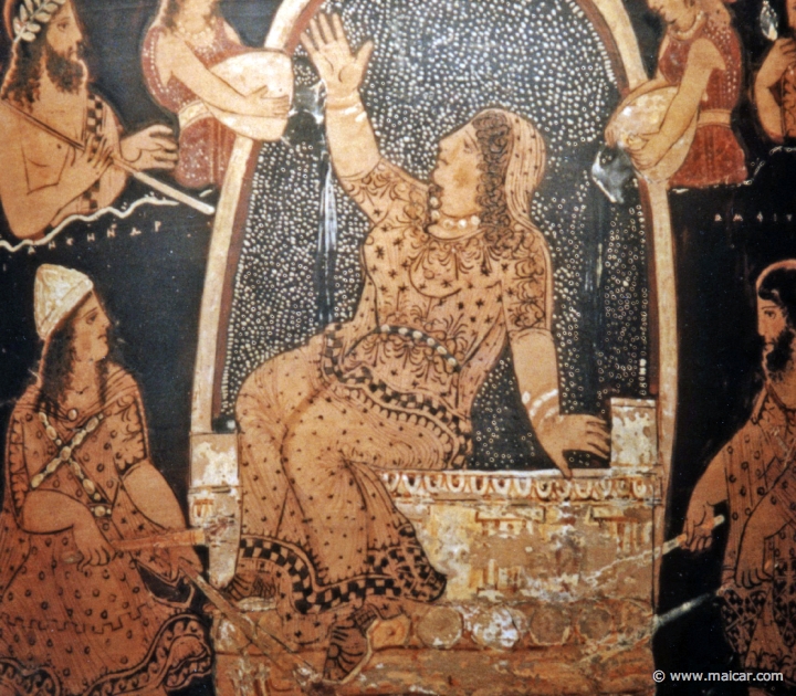 8215detail.jpg - 8215 (detail) : Red-figured bell-krater (wine-bowl) with Alkmena seated on an altar stacked with wood. Paestum c. 330 BC. (Left: Antenor; right: Amphitryon.) British Museum, London.