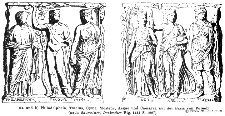 RII.2-2095.jpg - RII.2-2095: Local Personifications (Philadelphia, Tmolus, Cyme, Mestene, Aegae and Cesarea). Wilhelm Heinrich Roscher (Göttingen, 1845- Dresden, 1923), Ausfürliches Lexikon der griechisches und römisches Mythologie, 1884.