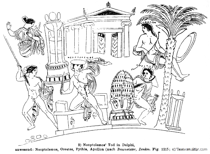 RIII.1-0176.jpg - RIII.1-0176: Neoptolemus' death in Delphi. Present: Pythia, Neoptolemus, Apollo, Orestes. Wilhelm Heinrich Roscher (Göttingen, 1845- Dresden, 1923), Ausfürliches Lexikon der griechisches und römisches Mythologie, 1884.