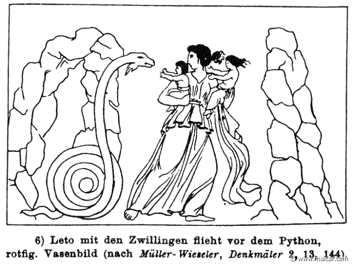 RIII.2-3409b.jpg - RIII.2-3409b: Leto, Apollo, Artemis, Python.Wilhelm Heinrich Roscher (Göttingen, 1845- Dresden, 1923), Ausfürliches Lexikon der griechisches und römisches Mythologie, 1884.