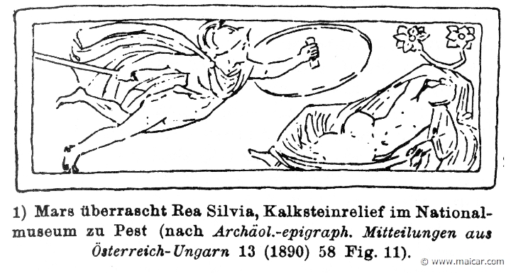 RIV-0065.jpg - RIV-0065: Ares surprising Rhea Silvia (Ilia). Limestone relief. Pest Museum.Wilhelm Heinrich Roscher (Göttingen, 1845- Dresden, 1923), Ausfürliches Lexikon der griechisches und römisches Mythologie, 1884.
