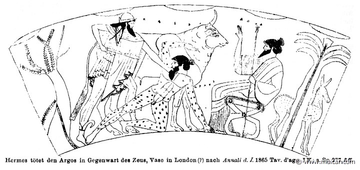 RII.1-0279.jpg - RII.1-0279: Hermes killing Argus before Zeus. In the background is Io, the cow. Wilhelm Heinrich Roscher (Göttingen, 1845- Dresden, 1923), Ausfürliches Lexikon der griechisches und römisches Mythologie, 1884.