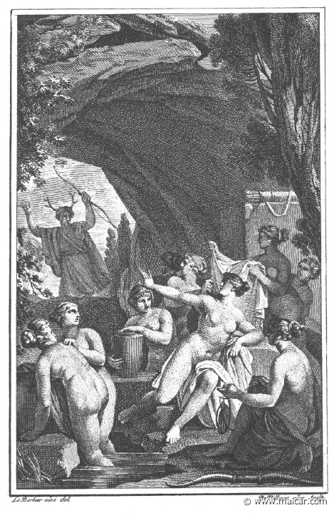 villenave01088.jpg - 01088: Artemis and Actaeon. "As soon as he entered the grotto bedewed with fountain spray, the naked nymphs smote upon their breasts at the sight of the man." (Ov. Met. 3.177).Guillaume T. de Villenave, Les Métamorphoses  d'Ovide (Paris, Didot 1806–07). Engravings after originals by Jean-Jacques François Le Barbier (1739–1826), Nicolas André Monsiau (1754–1837), and Jean-Michel Moreau (1741–1814).