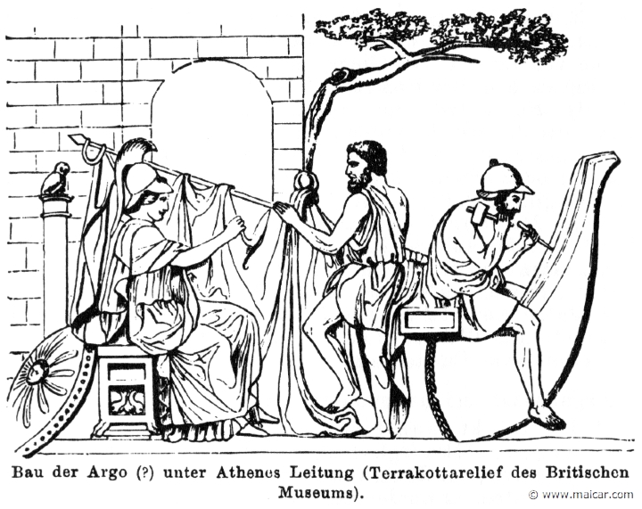 RI.1-0502.jpg - RI.1-0502: Athena supervises the building of the "Argo." The yard is held by the helmsman Tiphys; Argus sits across the stern. Terracotta relief, c. 1st century AD. British Museum.Wilhelm Heinrich Roscher (Göttingen, 1845- Dresden, 1923), Ausfürliches Lexikon der griechisches und römisches Mythologie, 1884.