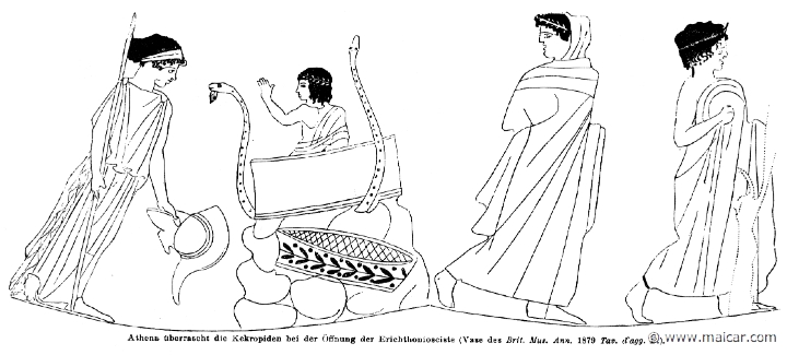 RI.1-1307.jpg - RI.1-1307: Athena susprises the daughters of Cecrops. In the chest, protected by serpents, is Erichthonius.Wilhelm Heinrich Roscher (Göttingen, 1845- Dresden, 1923), Ausfürliches Lexikon der griechisches und römisches Mythologie, 1884.