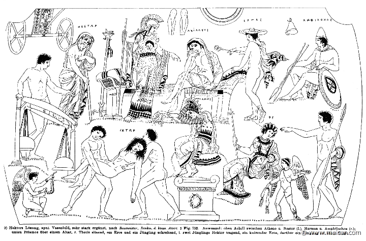 RIII.2-2961.jpg - RIII.2-2961: The ransom of Hector. Above: Nestor, Athena, Hermes, Antilochus. Below: Eros, the body of Hector, Priam, Thetis.Wilhelm Heinrich Roscher (Göttingen, 1845- Dresden, 1923), Ausfürliches Lexikon der griechisches und römisches Mythologie, 1884.