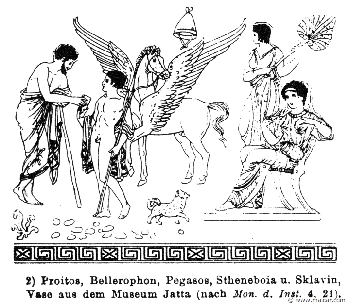 RIV-1519.jpg - RIV-1519: Proetus, Bellerophon, Pegasus, Stheneboea and a slave. Wilhelm Heinrich Roscher (Göttingen, 1845- Dresden, 1923), Ausfürliches Lexikon der griechisches und römisches Mythologie, 1884.