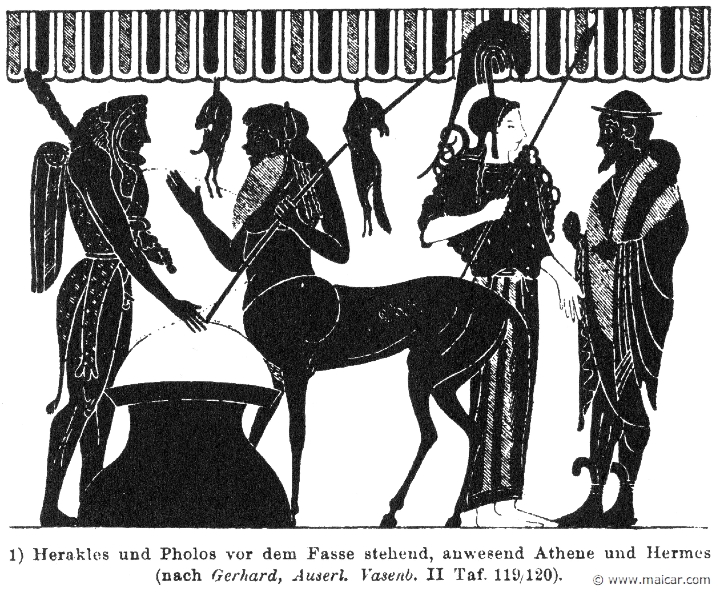 RIII.2-2419a.jpg - RIII.2-2419a: Heracles, Pholus, Athena, Hermes. Wilhelm Heinrich Roscher (Göttingen, 1845- Dresden, 1923), Ausfürliches Lexikon der griechisches und römisches Mythologie, 1884.