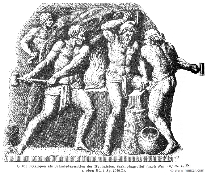 RII.1-1679.jpg - RII.1-1679: The Cyclopes in the workshop of Hephaestus. Wilhelm Heinrich Roscher (Göttingen, 1845- Dresden, 1923), Ausfürliches Lexikon der griechisches und römisches Mythologie, 1884.