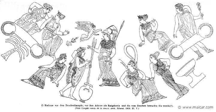 RII.1-0839.jpg - RII.1-0839: Cadmus, between Harmonia and Athena. Above him is Nike. Wilhelm Heinrich Roscher (Göttingen, 1845- Dresden, 1923), Ausfürliches Lexikon der griechisches und römisches Mythologie, 1884.