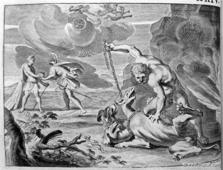 2717.jpg - 2717: Heracles chaining Cerberus. Les METAMORPHOSES D’OVIDE EN LATIN ET FRANÇOIS, DIVISÉES EN XV LIVRES. TRADUCTION DE Mr. PIERRE DU-RYER PARISIEN, DE L’ACADEMIE FRANÇOISE. MDCLXXVII.