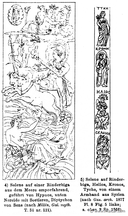 RII.2-3134.jpg - RII.2-3134: Selene in her chariot, led by Hypnos. Below, a Nereid. Right: Tyche, Cronos, Helius and Selene. Wilhelm Heinrich Roscher (Göttingen, 1845- Dresden, 1923), Ausfürliches Lexikon der griechisches und römisches Mythologie, 1884.