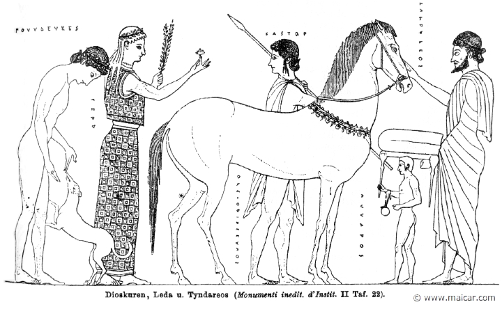 RI.1-1173.jpg - RI.1-1173: The Dioscuri (Polydeuces to the left and Castor behind the horse), Leda, and Tyndareus. Wilhelm Heinrich Roscher (Göttingen, 1845- Dresden, 1923), Ausfürliches Lexikon der griechisches und römisches Mythologie, 1884.