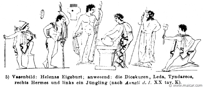 RV-1422.jpg - RV-1422: The Dioscuri, Leda, Tyndareus, and Hermes. Left: a youngling. Wilhelm Heinrich Roscher (Göttingen, 1845- Dresden, 1923), Ausfürliches Lexikon der griechisches und römisches Mythologie, 1884.