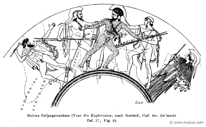 RI.1-1195.jpg - RI.1-1195: Dolon, captured by Odysseus and Diomedes. To the right, Athena. Wilhelm Heinrich Roscher (Göttingen, 1845- Dresden, 1923), Ausfürliches Lexikon der griechisches und römisches Mythologie, 1884.