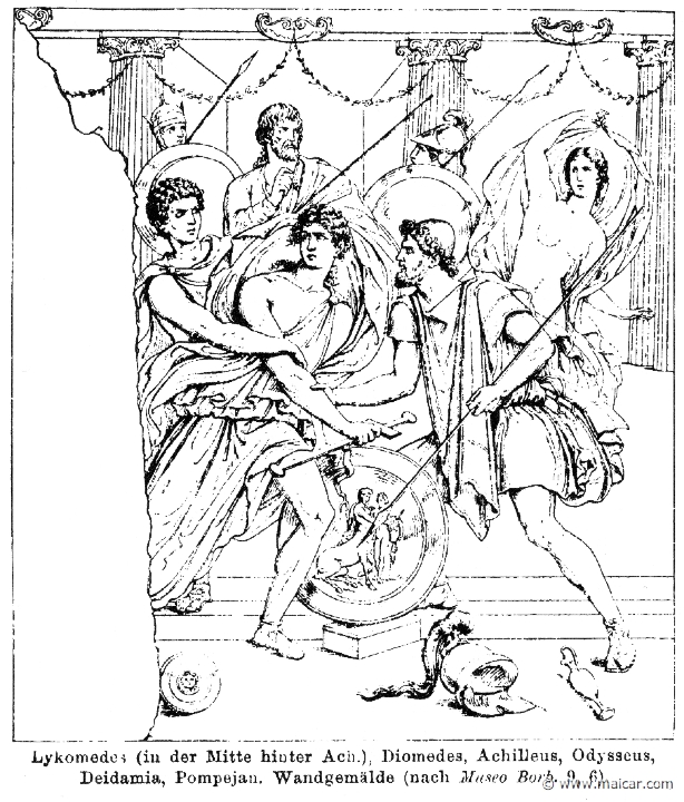 RII.2-2179.jpg - RII.2-2179: Diomedes (left) and Odysseus seize Achilles in the court of Lycomedes (behind Achilles). Present: Deidamia. Wilhelm Heinrich Roscher (Göttingen, 1845- Dresden, 1923), Ausfürliches Lexikon der griechisches und römisches Mythologie, 1884.