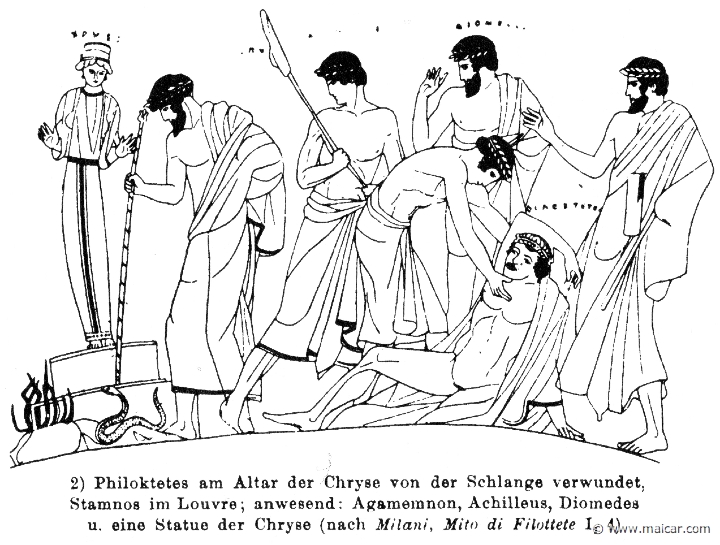 RIII.2-2330.jpg - RIII.2-2330: Philoctetes wounded at the altar of Chryse. Present: Agamemnon, Achilles, Diomedes, and a statue of Chryse. Wilhelm Heinrich Roscher (Göttingen, 1845- Dresden, 1923), Ausfürliches Lexikon der griechisches und römisches Mythologie, 1884.