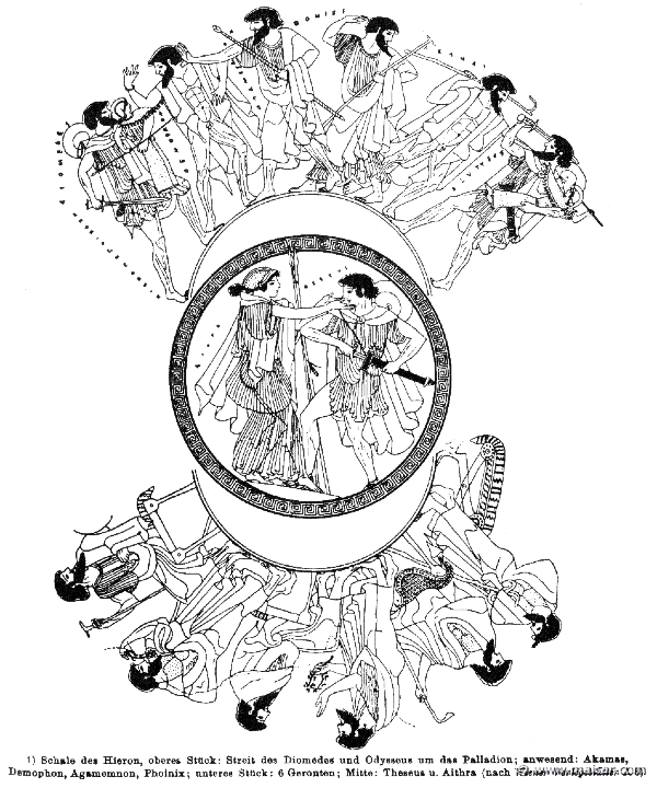 RIII.2-3418.jpg - RIII.2-3418: Dispute of Odysseus and Diomedes over the Palladium. Present: Acamas, Demophon, Agamemnon, Phoenix. Center: Theseus and Aethra. Wilhelm Heinrich Roscher (Göttingen, 1845- Dresden, 1923), Ausfürliches Lexikon der griechisches und römisches Mythologie, 1884.