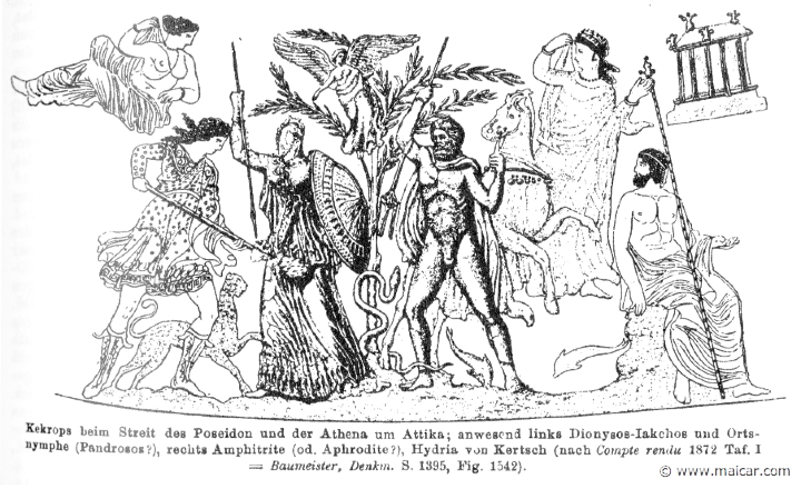 RII.1-1021.jpg - RII.1-1021: Cecrops (right) witnesses the fight between Athena and Poseidon (center). To the left is Dionysus. Wilhelm Heinrich Roscher (Göttingen, 1845- Dresden, 1923), Ausfürliches Lexikon der griechisches und römisches Mythologie, 1884.