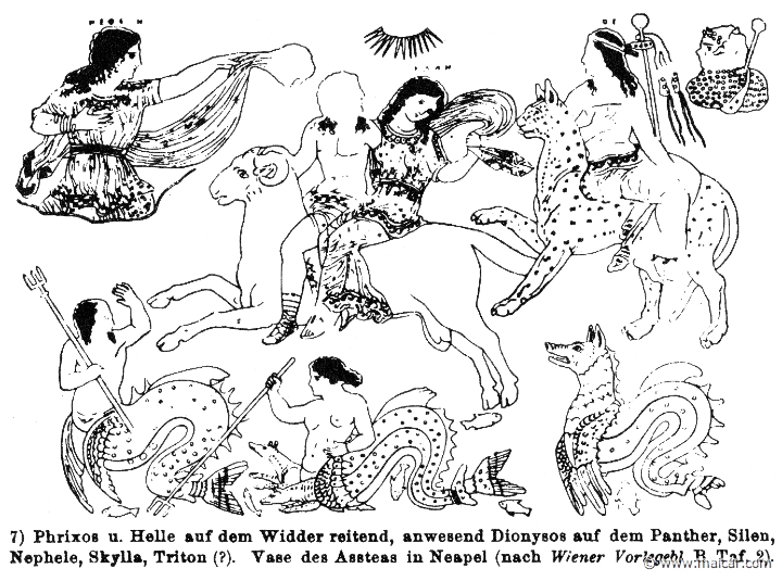 RIII.2-2467.jpg - RIII.2-2467: Phrixus and Helle riding the ram with the Golden Fleece. Present: Dionysus on a panther, Nephele, Scylla, Triton.Wilhelm Heinrich Roscher (Göttingen, 1845- Dresden, 1923), Ausfürliches Lexikon der griechisches und römisches Mythologie, 1884.