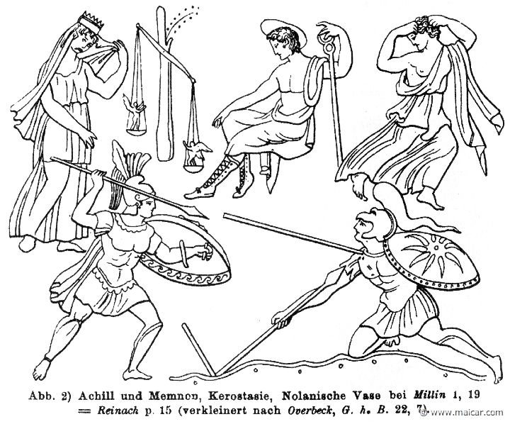 RII.1-1142b.jpg - RII.1-1142b: Achilles and Memnon. Present: Thetis, Eos, and Hermes (weighing the Keres). Wilhelm Heinrich Roscher (Göttingen, 1845- Dresden, 1923), Ausfürliches Lexikon der griechisches und römisches Mythologie, 1884.