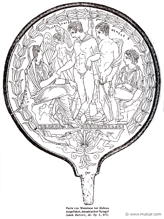 RI.2-1959.jpg - RI.2-1959: Menelaus introducing Helen to Paris. Etruscan mirror.Wilhelm Heinrich Roscher (Göttingen, 1845- Dresden, 1923), Ausfürliches Lexikon der griechisches und römisches Mythologie, 1884.