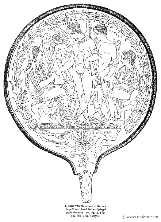 RII.2-2779.jpg - RII.2-2779: Menelaus introducing Helen to Paris. Etruscan mirror.Wilhelm Heinrich Roscher (Göttingen, 1845- Dresden, 1923), Ausfürliches Lexikon der griechisches und römisches Mythologie, 1884.