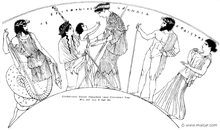 RI.1-1305.jpg - RI.1-1305: Birth of Erichthonius. Gaia holds the child and Athena receives it. Behind Athena is Hephaestus. To the left, King Cecrops.Wilhelm Heinrich Roscher (Göttingen, 1845- Dresden, 1923), Ausfürliches Lexikon der griechisches und römisches Mythologie, 1884.