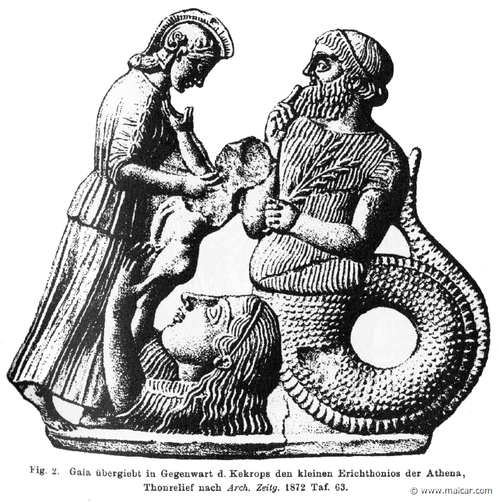 RI.2-1577.jpg - RI.2-1577: Gaia gives Athena the child Erichthonius in the presence of Cecrops.Wilhelm Heinrich Roscher (Göttingen, 1845- Dresden, 1923), Ausfürliches Lexikon der griechisches und römisches Mythologie, 1884.