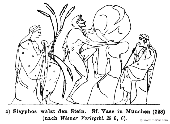 RIV-0970b.jpg - RIV-0970b: Sisyphus pushing the stone in the Underworld, before Hades and Persephone. Wilhelm Heinrich Roscher (Göttingen, 1845- Dresden, 1923), Ausfürliches Lexikon der griechisches und römisches Mythologie, 1884.