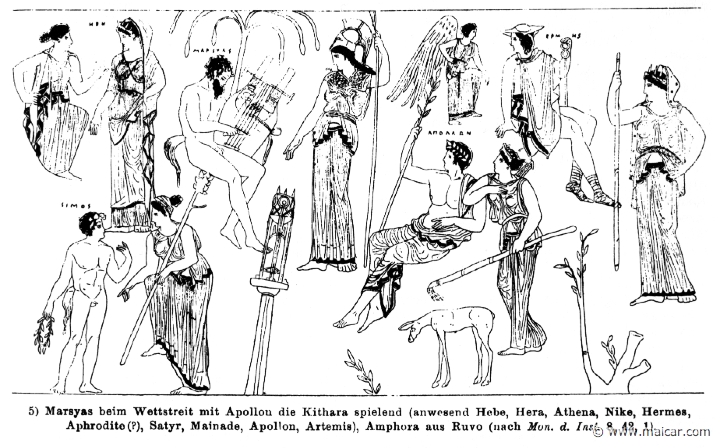 RII.2-2454.jpg - RII.2-2454: Marsyas in contest with Apollo. Present: Hebe, Hera, Athena, Nike, Hermes, Aphrodite, a Satyr, a Maenad, Apollo, Artemis. Wilhelm Heinrich Roscher (Göttingen, 1845- Dresden, 1923), Ausfürliches Lexikon der griechisches und römisches Mythologie, 1884.